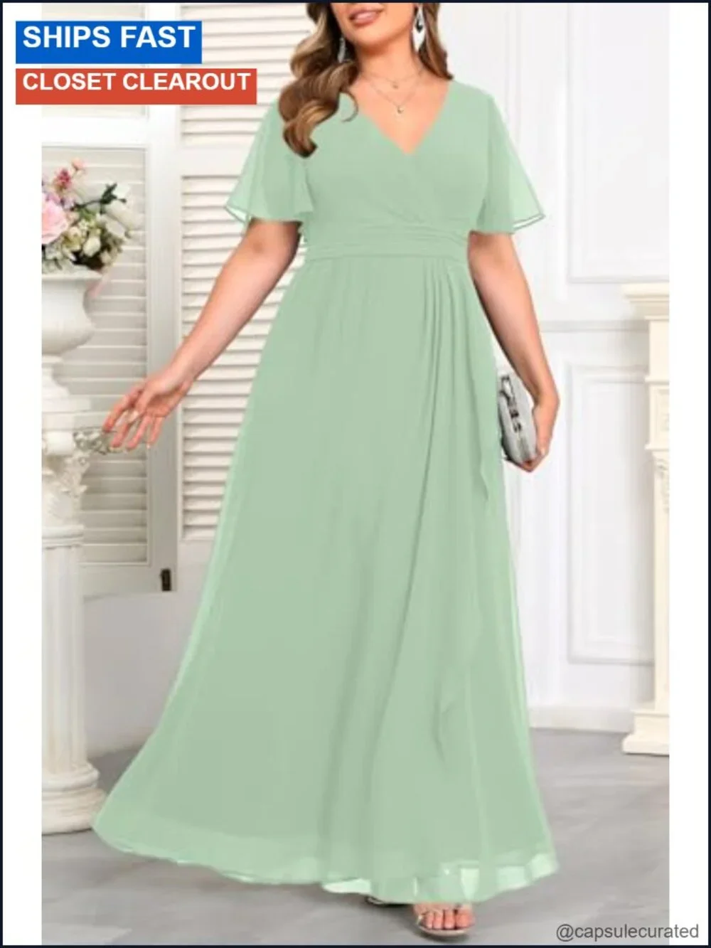 Plus Size Chiffon V Neck Ruffle Long Formal Dress Wedding Guest